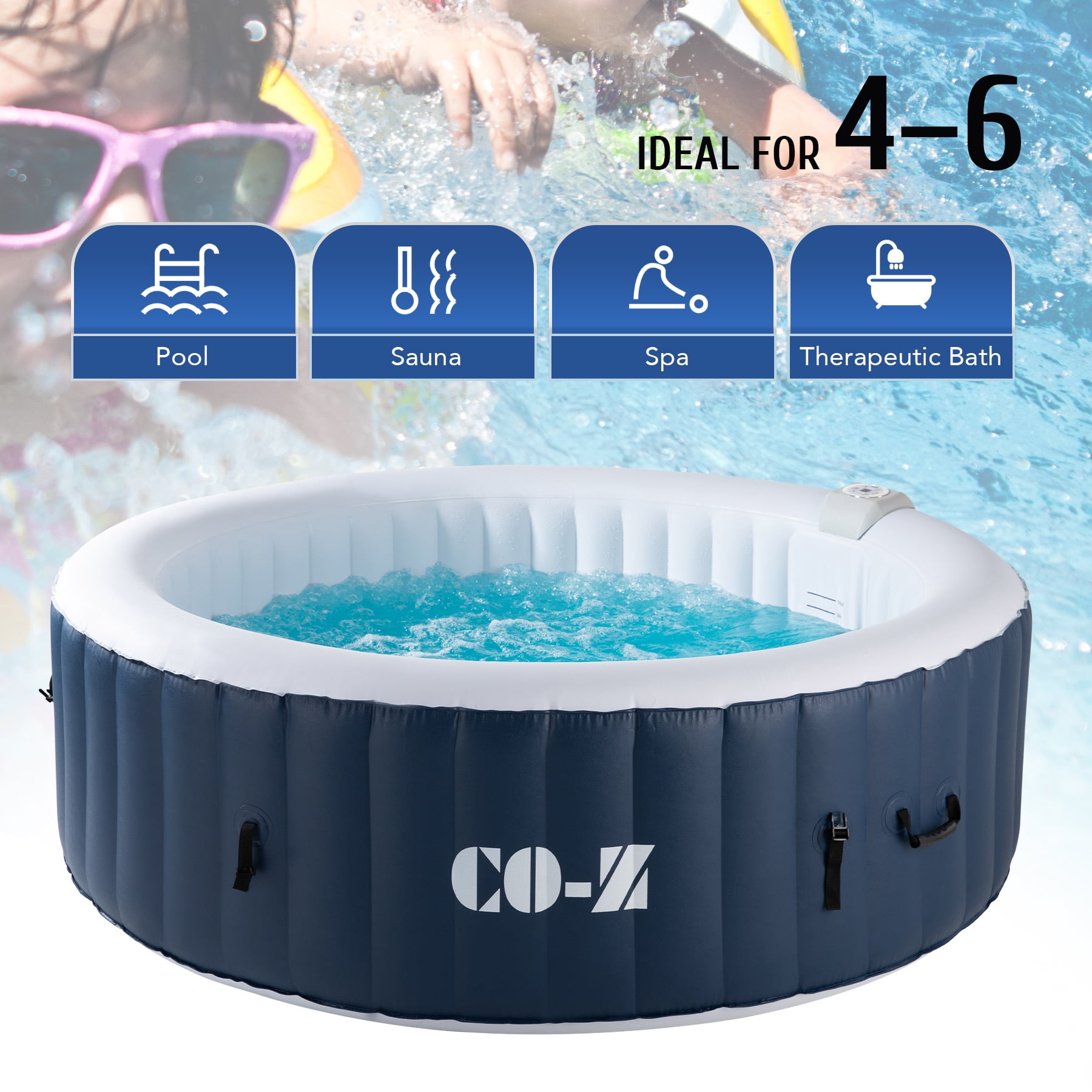 CO-Z 6.8x6.8ft PVC Round Inflatable Hot Tub Portable with Energy Efficient Spa Coverz,140 Air Jets Ideal for 6-person Blue