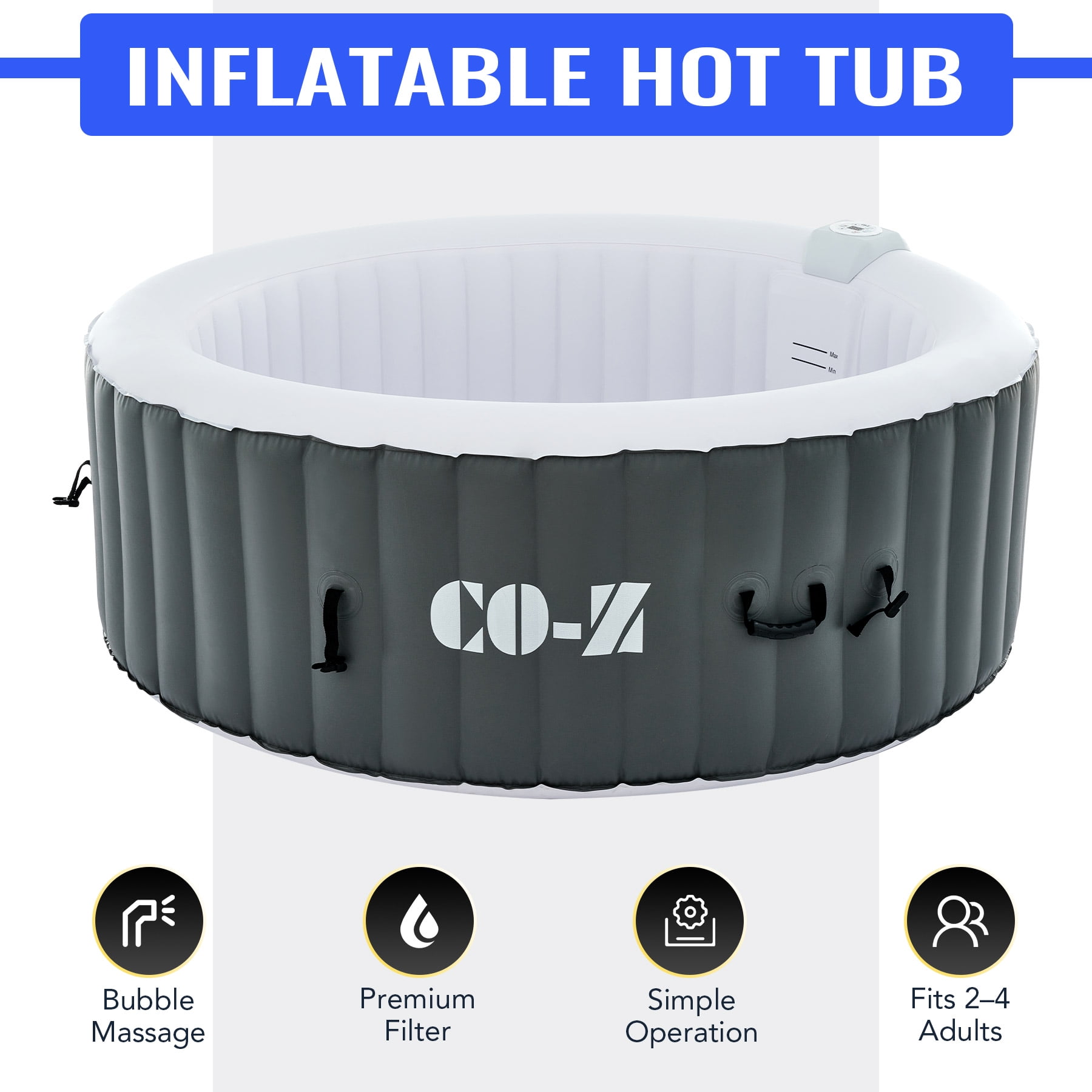 CO-Z Inflatable Hot Tub Outdoor Spa 2-4 Adults, 6ft, Gray, 120 Jets, 211 Gallons