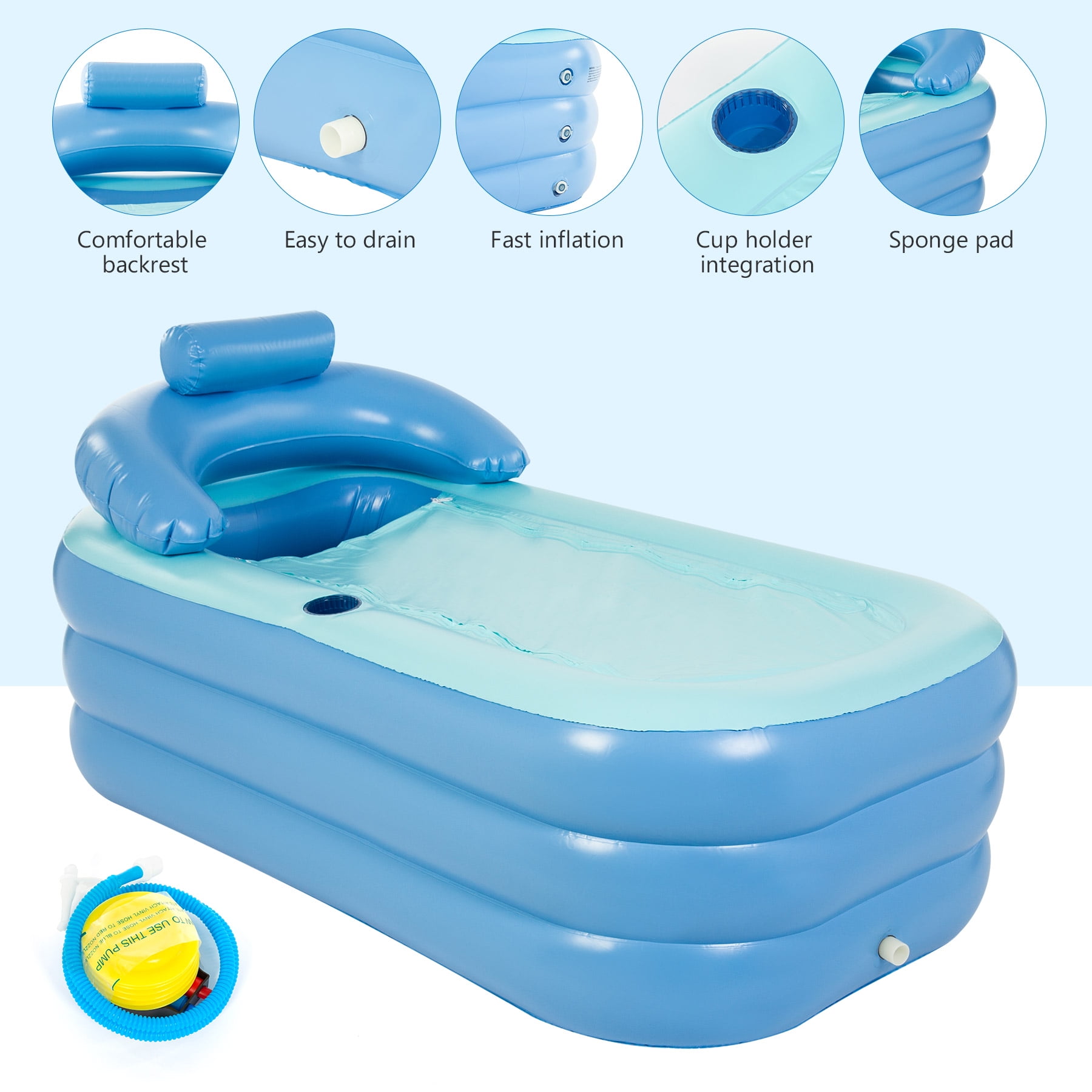 CO-Z PVC Inflatable Tub with Detachable Cover Cup Holder Foot Pump, Large Outdoor Collapsible Bathtub for Families with 3 Air Chambers