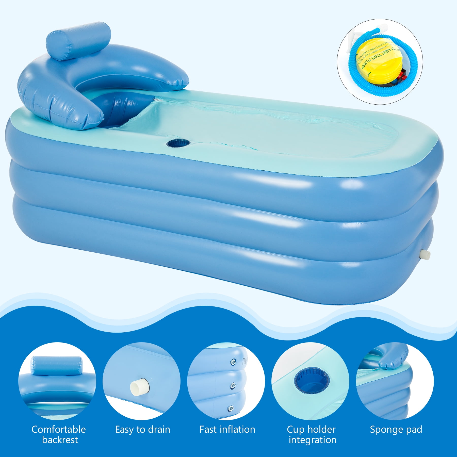 CO-Z Portable Tub, Foldable Bathtub for Adults & Kids, 94 L PVC Inflatable Tub with Detachable Cover Cup Holder Foot Pump  for Families with 3 Air Chambers