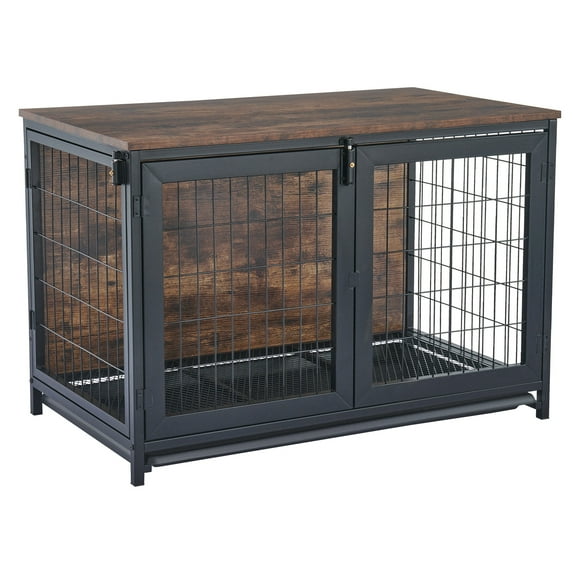 CO-Z Wooden Dog Crate End Table Triple Door Kennel with Wheels for Large Medium Dogs