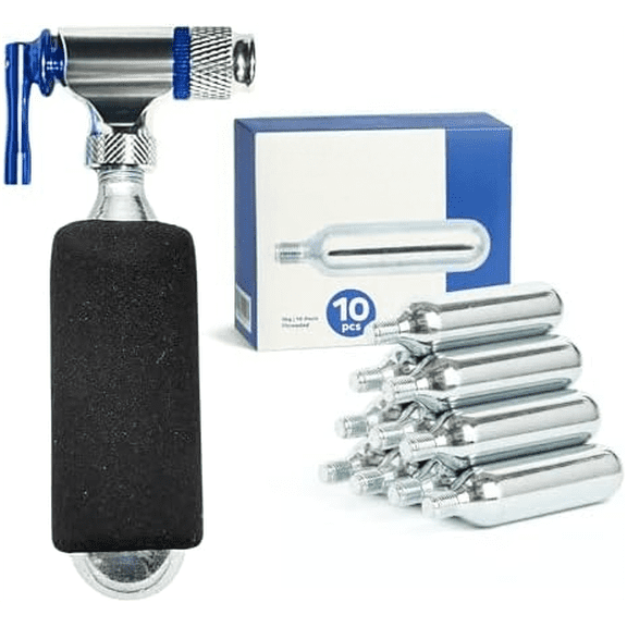 CO2 Bike Tire Inflator Set with CO2 Inflator and 10pcs of 16g Threaded CO2 Cartridges, for Both Presta and Schrader Valves, CO2 Bike Pump for MTB & Road Bikes and CO2 Cartridges Food Grade