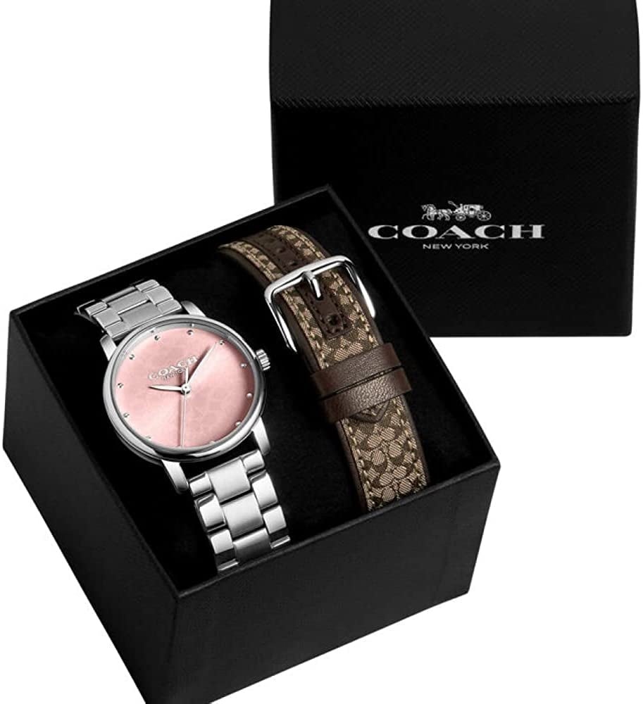 COACH 14000088 Grand Pink Logo Dial Silver Bracelet Band Women's 36mm