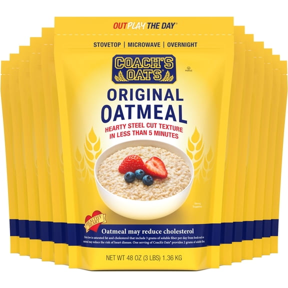 COACH'S OATS Whole Grain Oatmeal (48 oz) Pack of 12 | Cracked n Toasted | Quick-Cooking, Steel Cut Texture | Heart-Healthy, Delicious Breakfast | Microwavable, Stovetop, Overnight Oatmeal