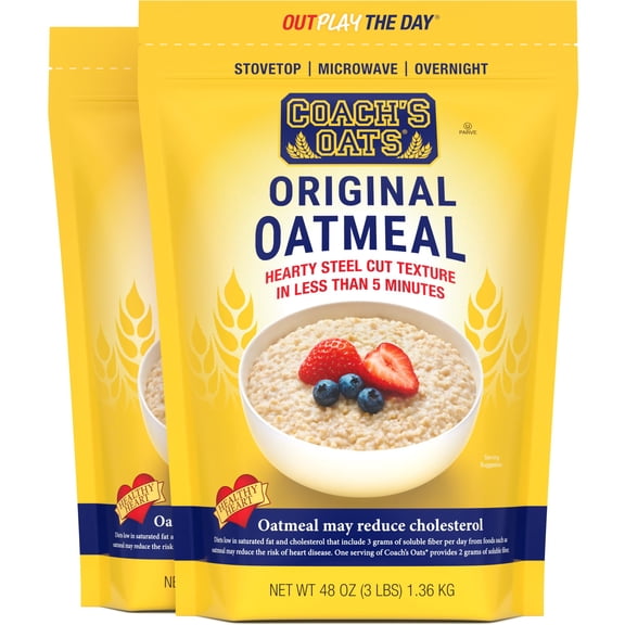 COACH'S OATS Whole Grain Oatmeal (48 oz) Pack of 2 | Cracked n Toasted | Quick-Cooking, Steel Cut Texture | Heart-Healthy, Delicious Breakfast | Microwavable, Stovetop, Overnight Oatmeal