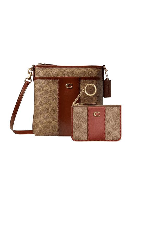 Womens Color-Block Coated Canvas Signature Kitt  + Mini Skinny Id Case  Tan Rust