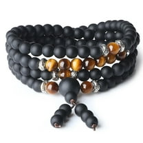 COAI 108 Beads Genuine Stones Brown Tiger's Eye Matte Onyx Mala Bracelet Necklace