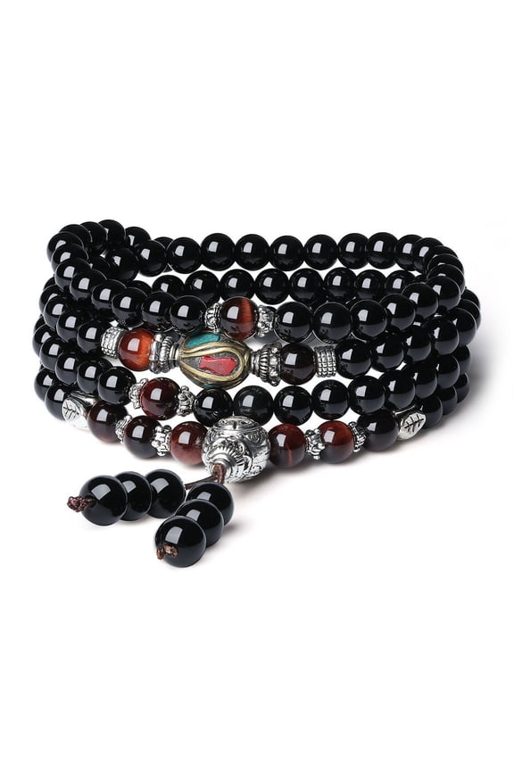 COAI 108 Mala Beads Black Onyx Red Tiger Eye Wrap Stone Bracelet Necklace