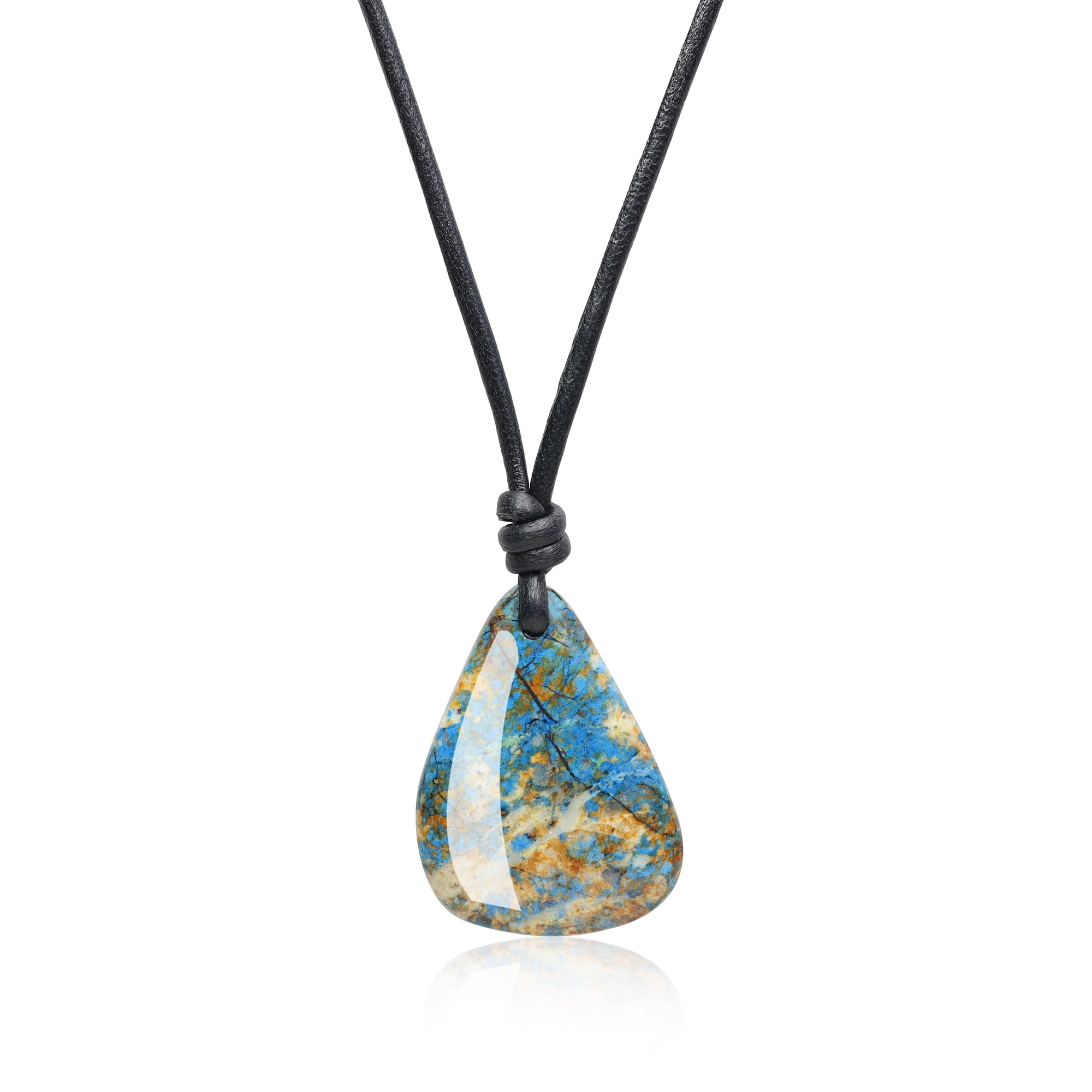 COAI Adjustable Leather Cord Irregular Azurite Stone Pendant Necklace for Men Women