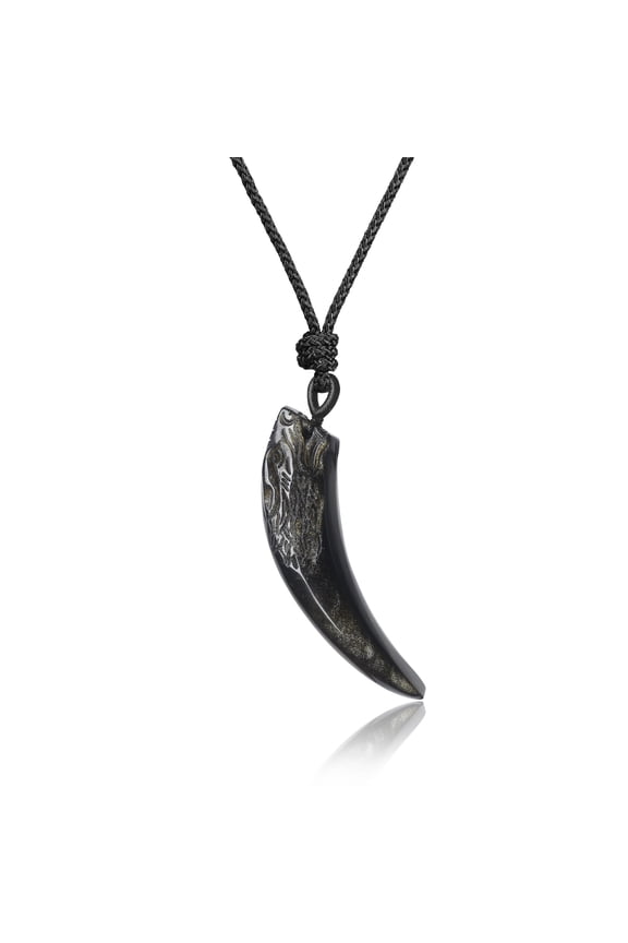 COAI Adjustable Wolf Teeth Genuine Gold Obsidian Stones Pendant Necklace