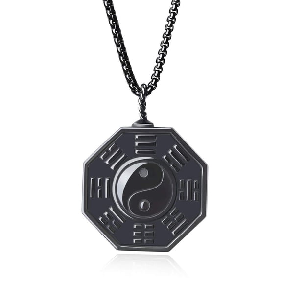 COAI Black Obsidian Stone Eight Diagrams Yin Yang Pendant Necklace Stainless Steel Chain