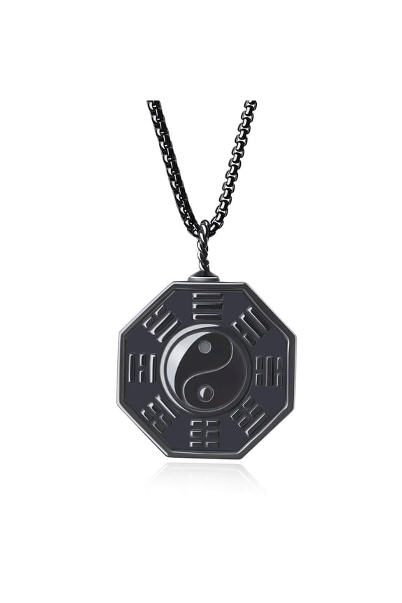 COAI Black Obsidian Stone Eight Diagrams Yin Yang Pendant Necklace Stainless Steel Chain