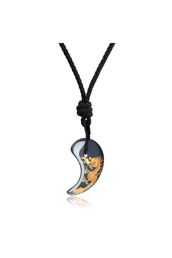 COAI Engraved Dragon Totem Japanese Magatama Black Obsidian Stone Pendant Necklace for Men and Women