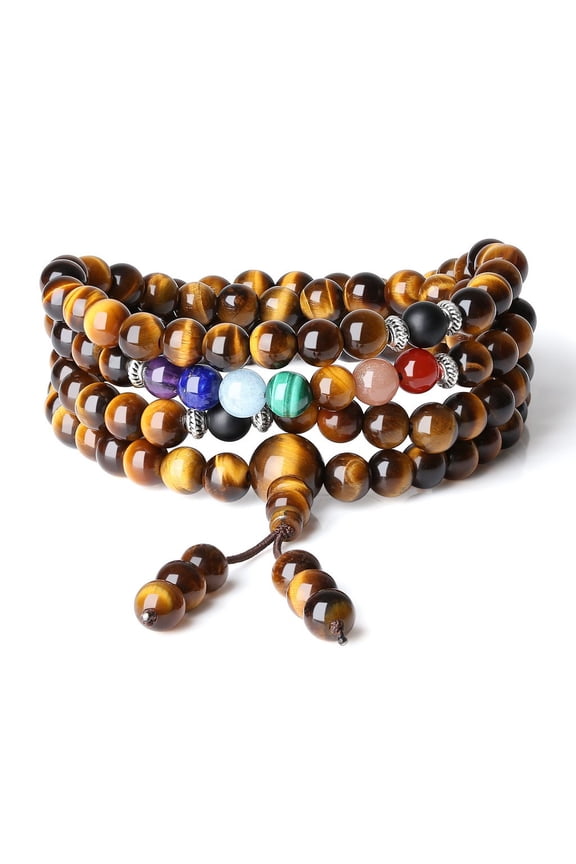 COAI Japa Mala 7 Chakra Tiger's Eye Healing Stones Wrap Bracelet Necklace