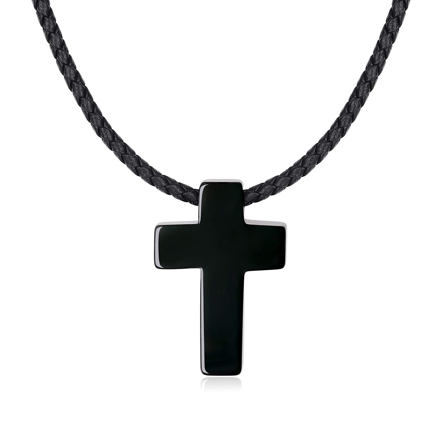COAI Leather Cord Religious Jewelry Black Obsidian Stone Cross Pendant Necklace