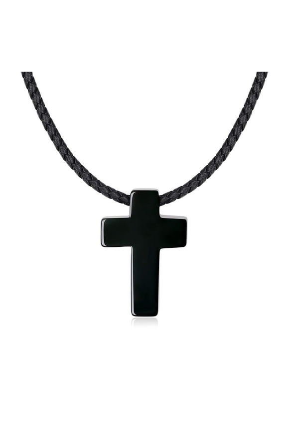 COAI Leather Cord Religious Jewelry Black Obsidian Stone Cross Pendant Necklace