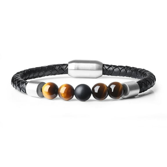 COAI Magnetic Clasp Leather Bracelet with Black Matte Onyx and Brown Tiger Eye
