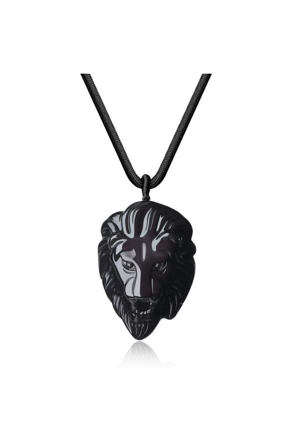 COAI Mens Black Obsidian Lion Head Stone Pendant Necklace