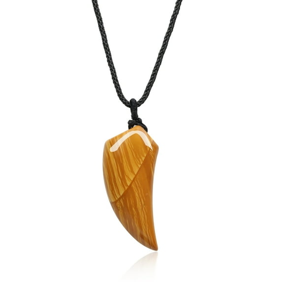 COAI Mens Womens Wolf Tooth Amulet Wood Grain Jasper Stone Pendant Necklace