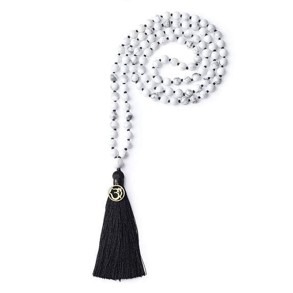 COAI OM Charm Tassel Hand Knotted 108 Howlite Stone Beaded Mala Necklace