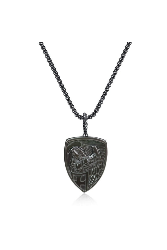 COAI Religious Jewelry St Michael Shield Obsidian Stone Pendant Necklace