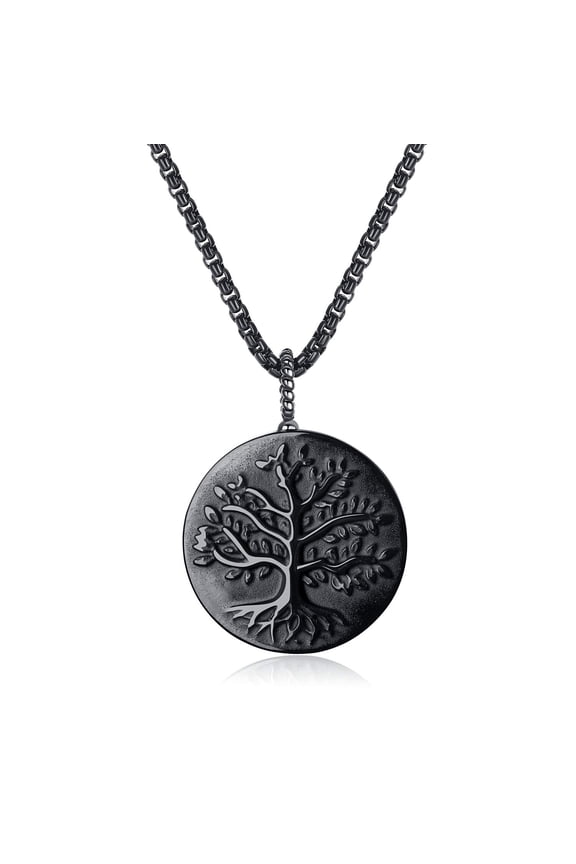 COAI Stainless Steel Mens Womens Obsidian Stone Tree of Life Pendant Necklace