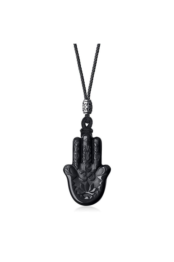 COAI Unisex Black Obsidian Stone Hamsa Hand Pendant Necklace