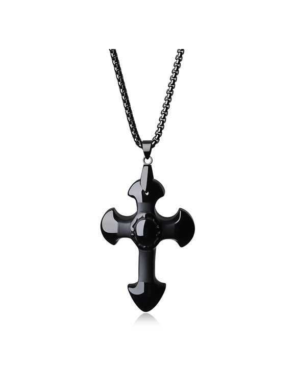 COAI Unisex Religious Cross Black Obsidian Stone Pendant Necklace