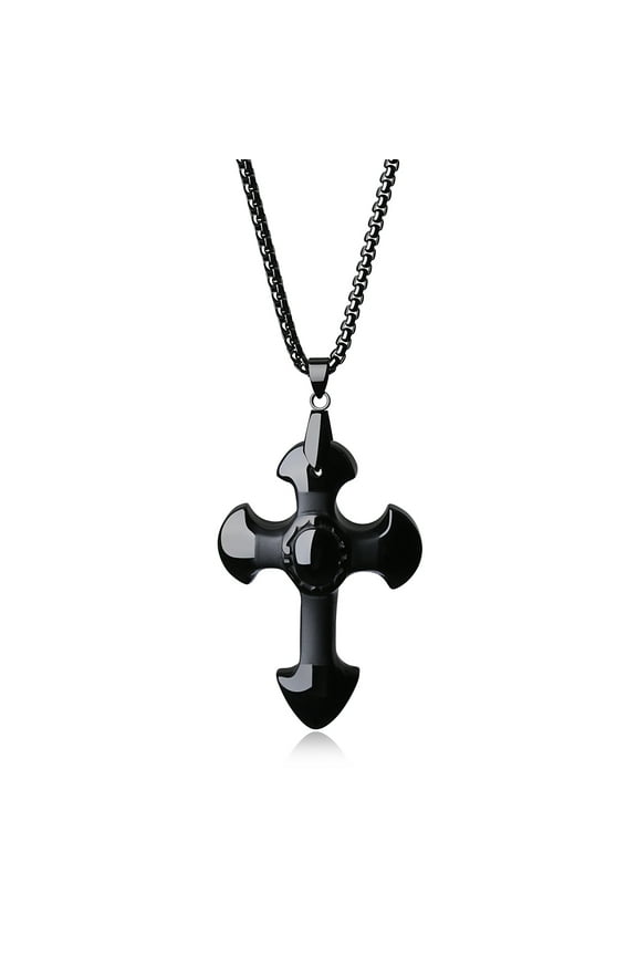 COAI Unisex Religious Cross Black Obsidian Stone Pendant Necklace