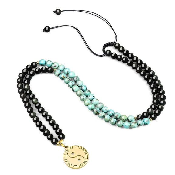 COAI Yin Yang Black Obsidian African Turquoise 108 Mala Beads Meditation Necklace