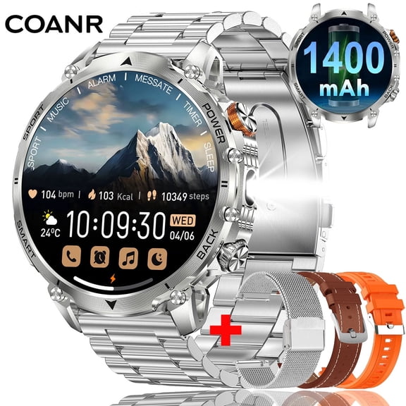 COANR Active 3 Men's Military Smartwatch, 1.7" AMOLED, Flashlight, 1400mAh Battery, IP68, Suitable for Android and Iphone, Black