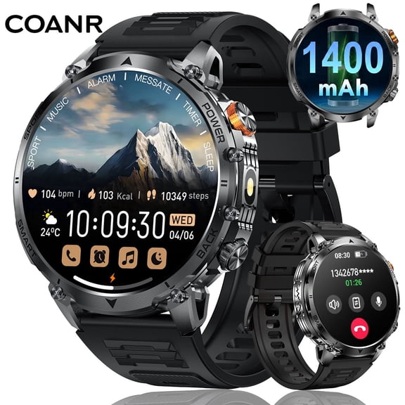 COANR Active 3 Men's Military Smartwatch, 1.7" AMOLED, Flashlight, 1400mAh Battery, IP68, Suitable for Android and Iphone, Silver