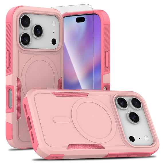 COAROVER for Apple iPhone 18 Pro 6.3" Rugged Shockproof Phone Case,Compatible with MagSafe,Hard PC+TPU Bumper Dual Layer Protective Cover with Tempered Glass Film,Pink