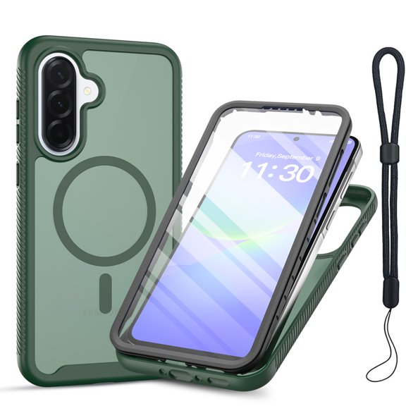 COAROVER Magnetic Case for Samsung Galaxy A37 with Built-in Screen Protector and Adjustable Wrist Strap,Full-Body Shockproof Matte Back Cover,Green