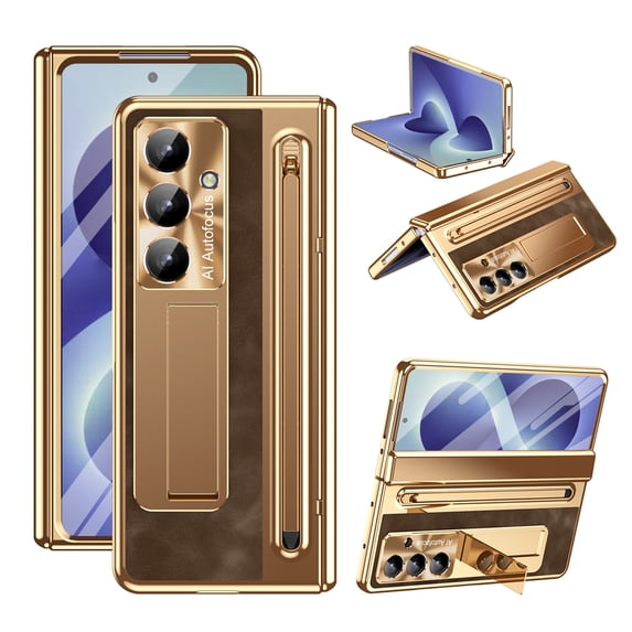 COAROVER PU Leather Hard PC Hybrid Case for Samsung Galaxy Z Fold8 with Stylus Pen Holder Built-in Screen Protector & Kickstand,Hinge Protection Cover,B