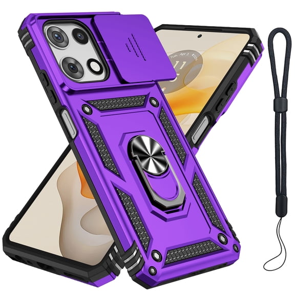 COAROVER Rugged Case for Motorola Moto G (2025) with Slide Camera Cover,Heavy Duty Shockproof Kickstand Hard Shell with Wriststrap,Purple