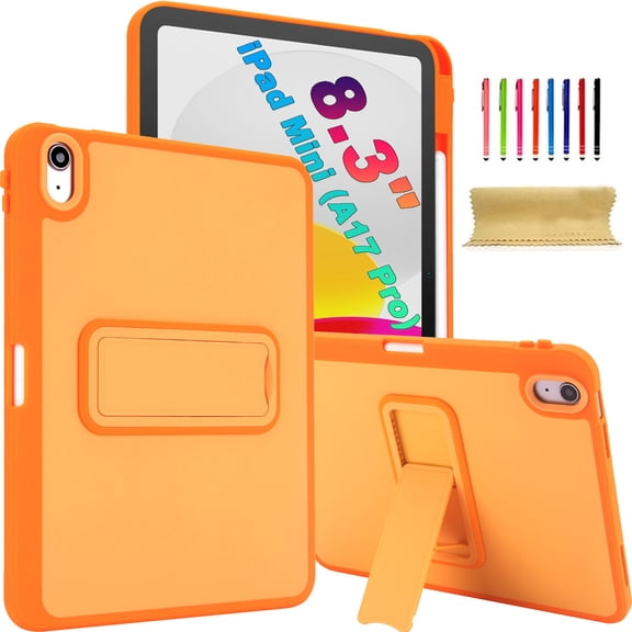 COAROVER Shockproof Case Compatible with Apple iPad mini (A17 Pro) 2024, Hidden Foldable Stand, Pencil Holder, Impact TPU Cover with Stylus,Orange