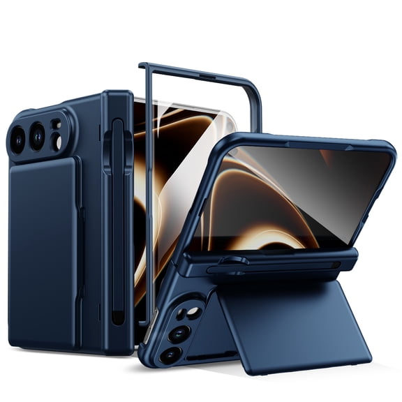 COAROVER Slim Card Holder Case for Apple iPhone Duo with Hinge Protection, Bulit in Screen Protector, Rugged Cover with Pen Slot & Replacement Stylus,Blue