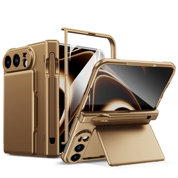 COAROVER Slim Card Holder Case for Apple iPhone Duo with Hinge Protection, Bulit in Screen Protector, Rugged Cover with Pen Slot & Replacement Stylus,Gold