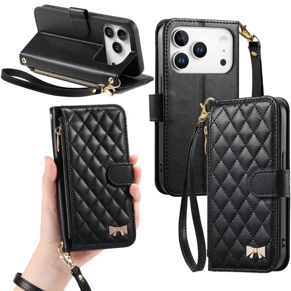 COAROVER Zipper Wallet Case Compatible with Apple iPhone 18 Pro 6.3",Quilted PU Leather Folio Card Slots Stand Phone Cover with Wrist Strap,Black