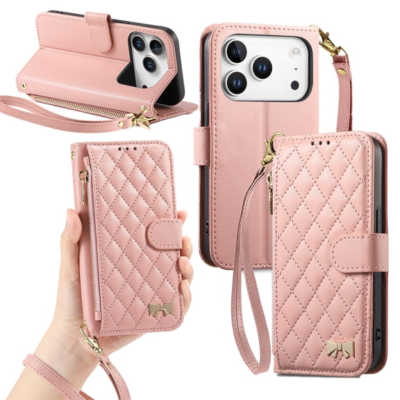COAROVER Zipper Wallet Case Compatible with Apple iPhone 18 Pro 6.3",Quilted PU Leather Folio Card Slots Stand Phone Cover with Wrist Strap,Pink