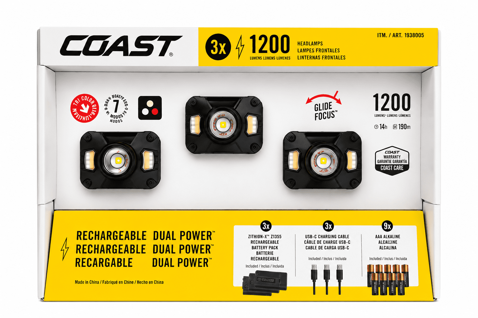 COAST CH1200R Rechargeable Dual Power LED Headlamp 3-Pack, 1200 Lumens, USB-C Rechargeable, Tri-Color Light Modes, Adjustable Focus Beam