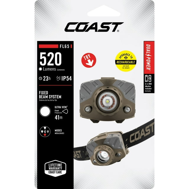 COAST FL65 Dual Color, White, Red 415 Lumen Flood Beam LED Headlamp 3 x