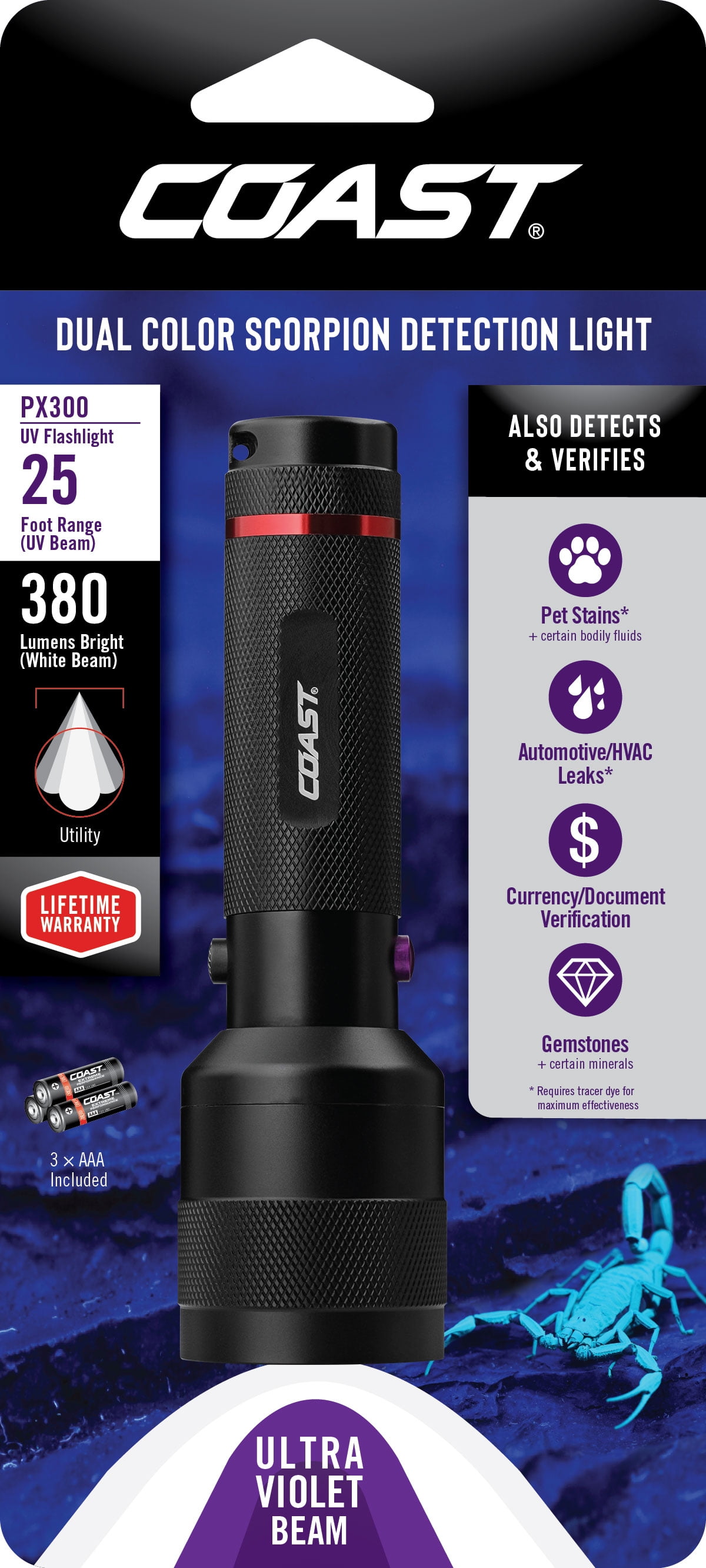 COAST PX300 White & UV LED Flashlight 175 Lumens 4.5 Volts 400 NM PX4