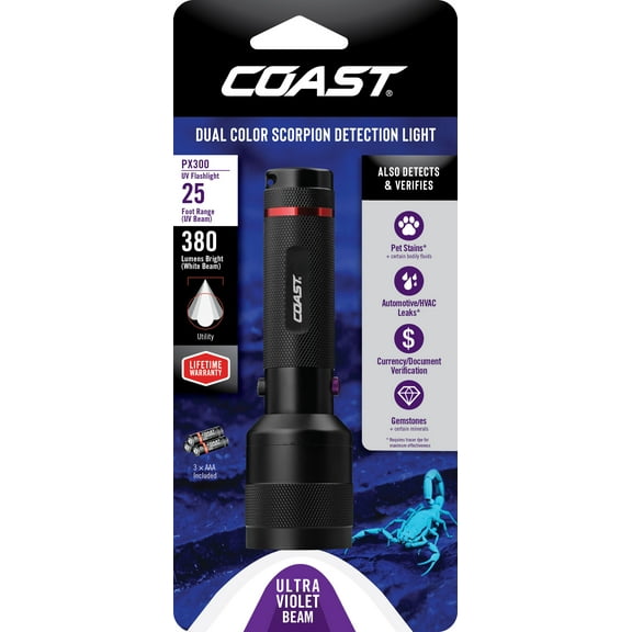 COAST PX300 White & UV LED Flashlight 175 Lumens, 400NM UV, Dual Light Modes, IPX4 Rated