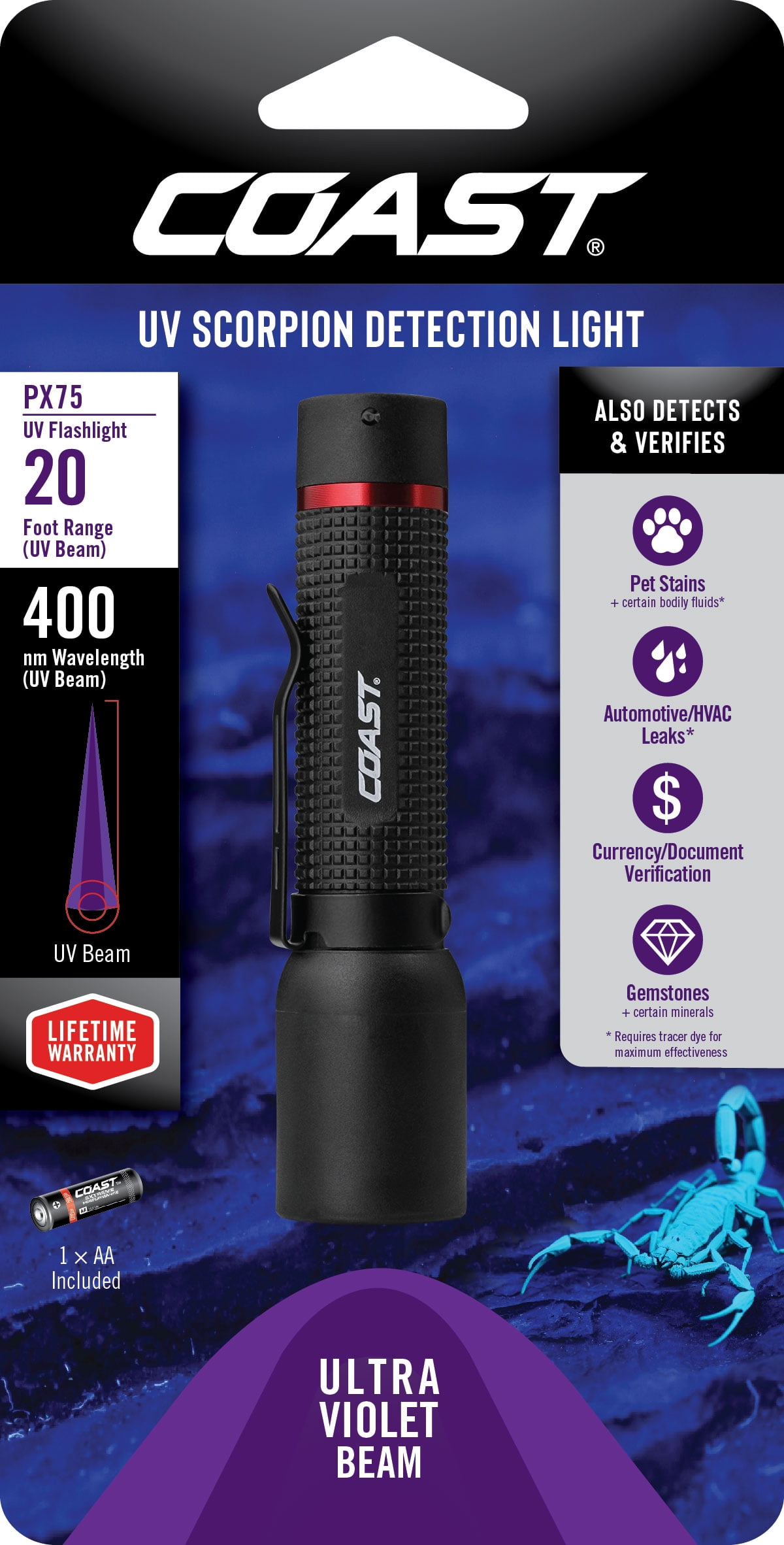COAST PX75 UV LED Flashlight 1.5 Volts 400NM IPX4 Lifetime Warranty, 2.