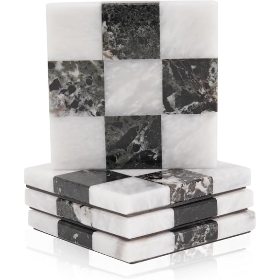 Radicaln Marble Coasters Set of 4 Black & White 4 inches Square Coaster for Drinks with Holder, Drink Coaster for Tabletop & Coffee Table Decor, Ideal Home Decor House Warming Gifts