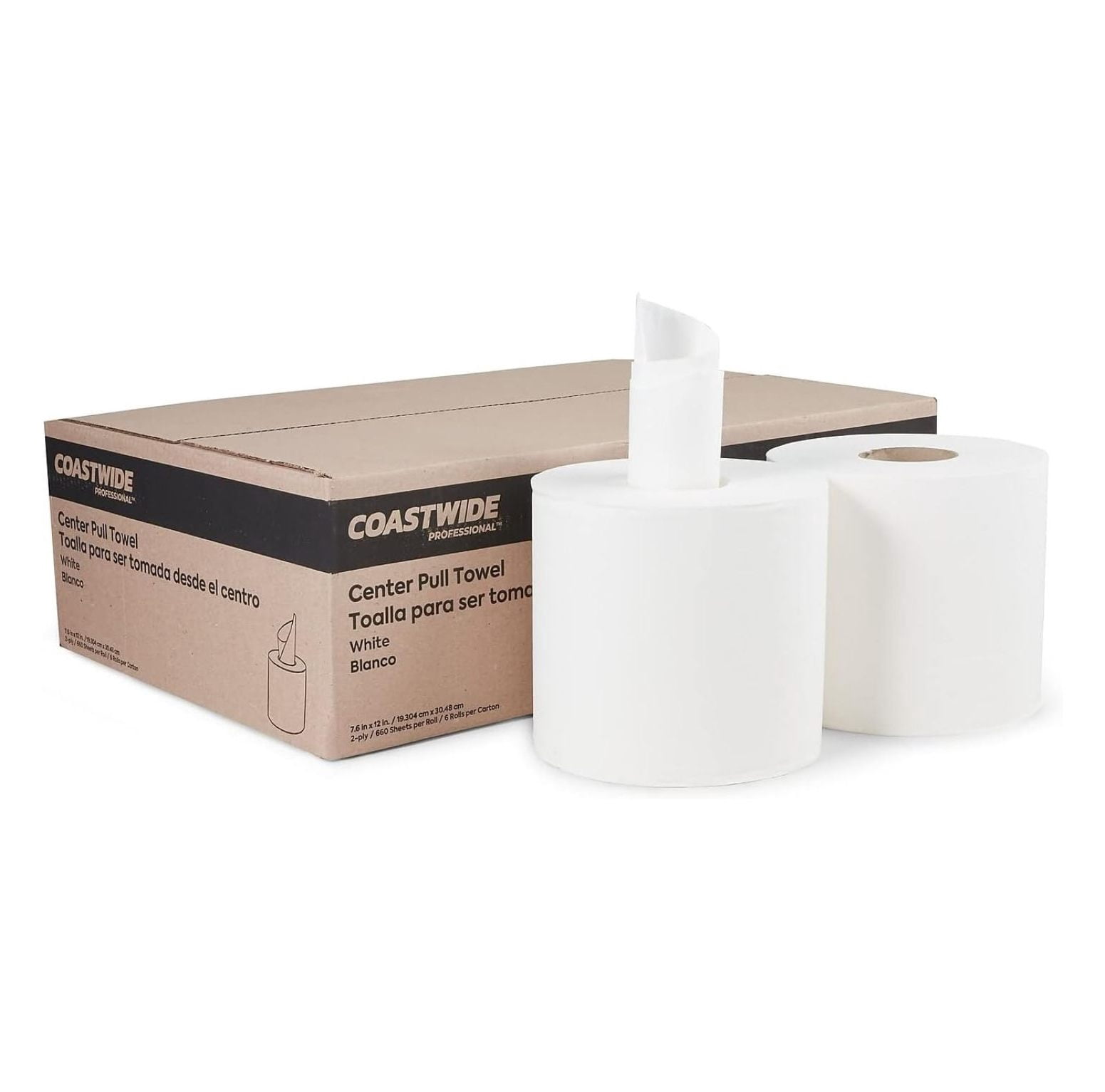 COASTWIDE 2-Ply Paper Towels, Center-Pull, 1-Sheet Dispensing, Recycled, 660-Sheets Per Roll, 6-Pack, White
