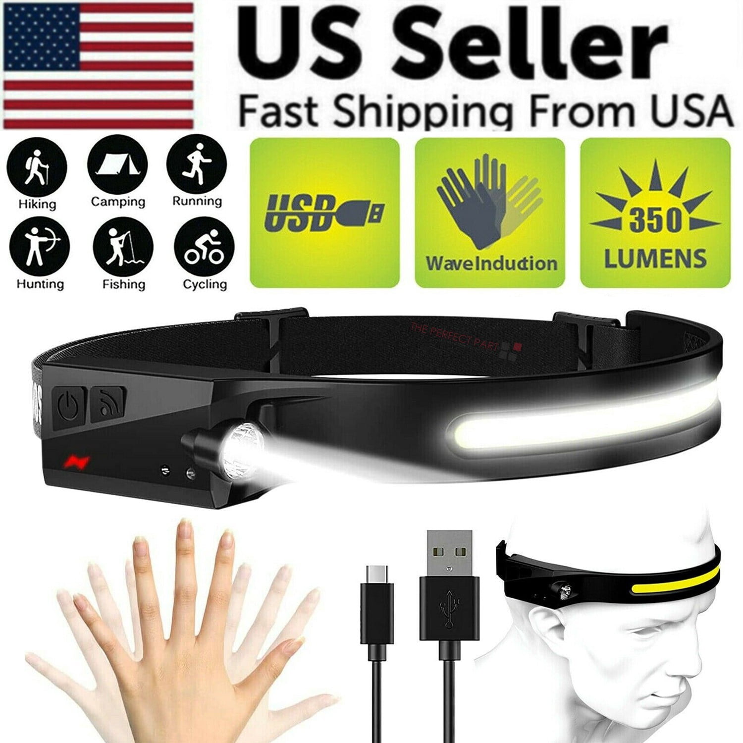 6000K COB LED Headlamp – USB Rechargeable, 350 Lumens, IPX4, 1200mAh, For Camping/Hiking - View #2