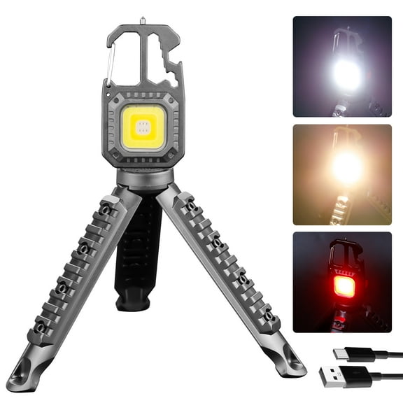 COB Keychain Work Light 7 Modes Portable Rechargeable Keychain Flashlight with Bottle Opener Collapsible Bracket Tool Set